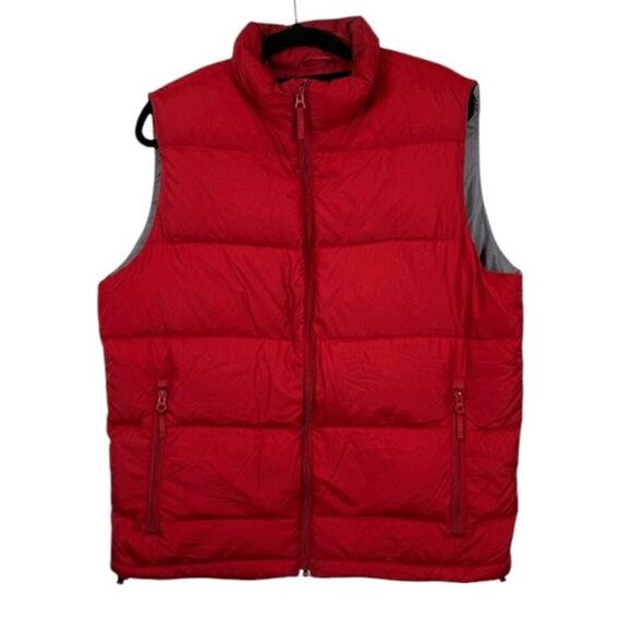Lands' End Goose Down Men's Puffer Vest Red Gray Tech Pockets Size Medium - Picture 1 of 12